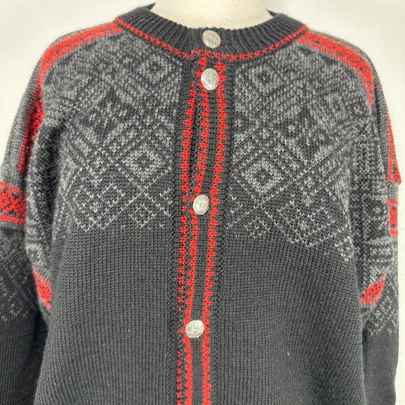 NORLENDER Knitwear Black Red Wool Knit Fair Isle Button Cardigan Sweater Size L - Picture 2 of 11